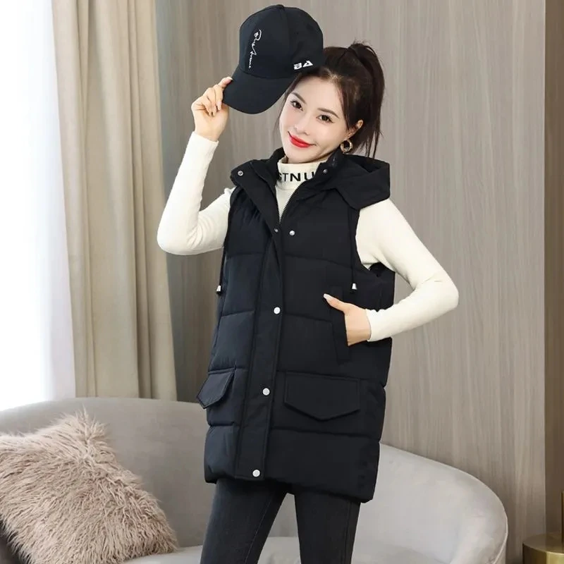 2022 New Women's Vest Jacket Down Cotton Vest Autumn Winter Jacket Hooded Parkas Coat Casual Sleeveless Loose Female Waistcoat