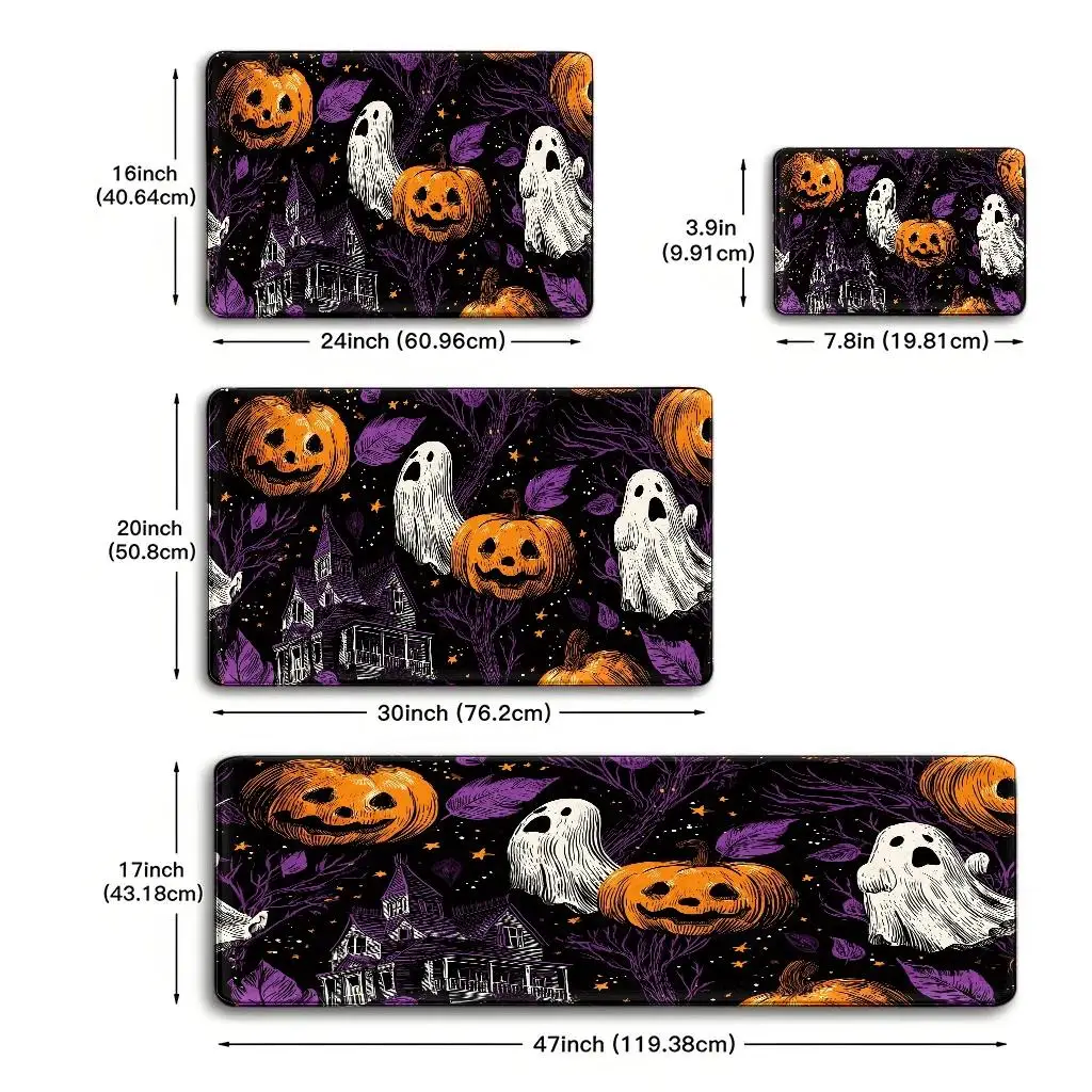 1pc, 2pcs, 3pcs, 2D Flat Kitchen Floor Mat Set, Halloween Pumpkin Ghosts And Haunted House Floor Mat, Spooky Tribal Design Rug, Easy-To-Clean Decorative Kitchen Mat, Suitable for Kitchen, Bathroom, Laundry Room, Dining Table