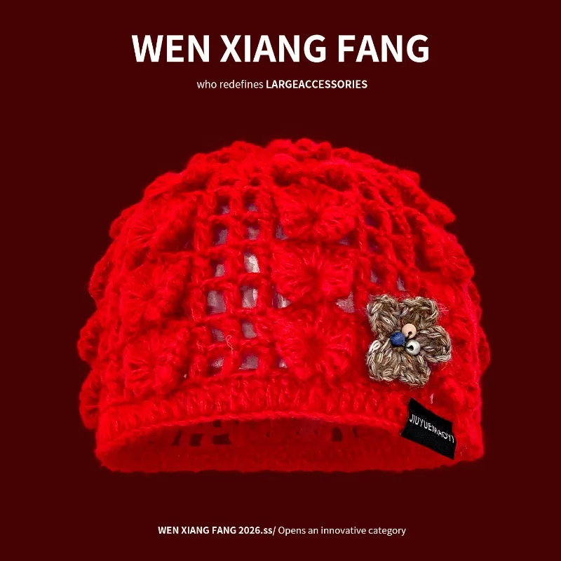 Neue handgemachte Häkelblumen-Strickmütze für Damen, Herbst-Reise-Literatur-Strickmütze mit kurzer Krempe, Gorras – Detail 5