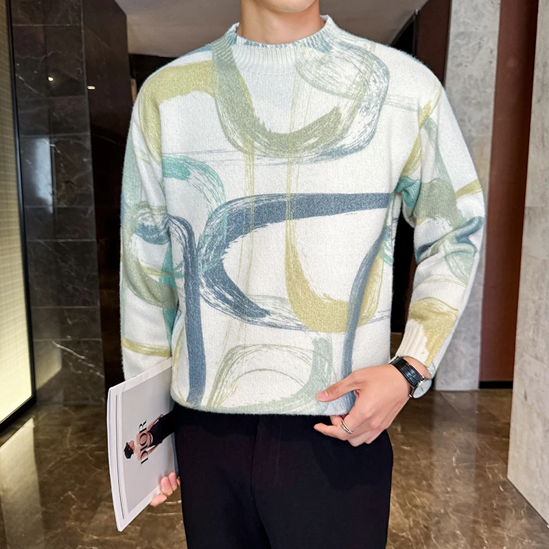 

Green/Blue Winter Sweater Men Clothing 2025 Korean Fashion Printed Long Sleeve Men's Casual Sweaters Slim Fit Knitted Pull Homme