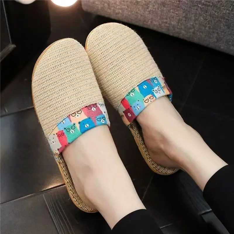 2024 Man's Summer New Baotou Flat Sole Linen Slippers Unisex Soft Sole No Slip Home Silent Slipper Anti Odor Floor Slippers