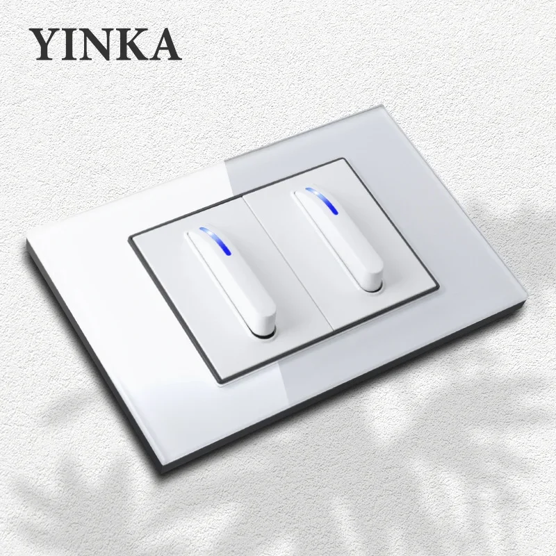 

YINKA White Piano Keys Universal Wall Light Switch Tempered Glass Panel Push Button Switch LED Indicator AC110V-250V 118mm*72mm