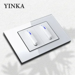 YINKA White Piano Keys Universal Wall Light Switch Tempered Glass Panel Push Button Switch LED Indicator AC110V-250V 118mm*72mm