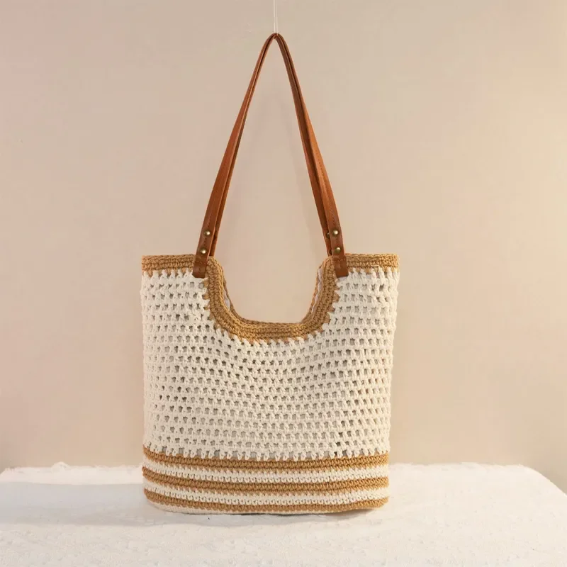 Sac fourre-tout en paille tressé à la main pour femme, grande capacité, avec fil de coton contrastant, idéal pour les loisirs, les vacances à la plage et le quotidien