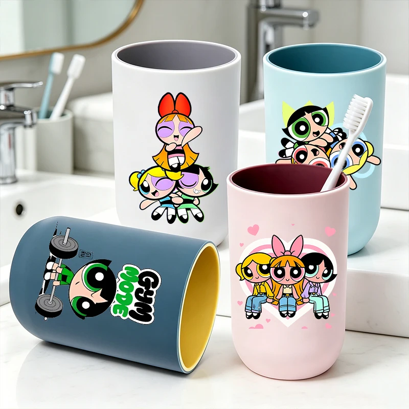 The Powerpuff Girls Toothbrush Cup Woman Cute Water Cup Mouthwash Cups Female Cartoon Rinse Cups Toothpaste Bottle Home Gift