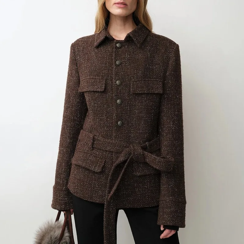 Waist shirt-style jacket wool old money tweed belt multi-pocket thin short women's autumn old money style