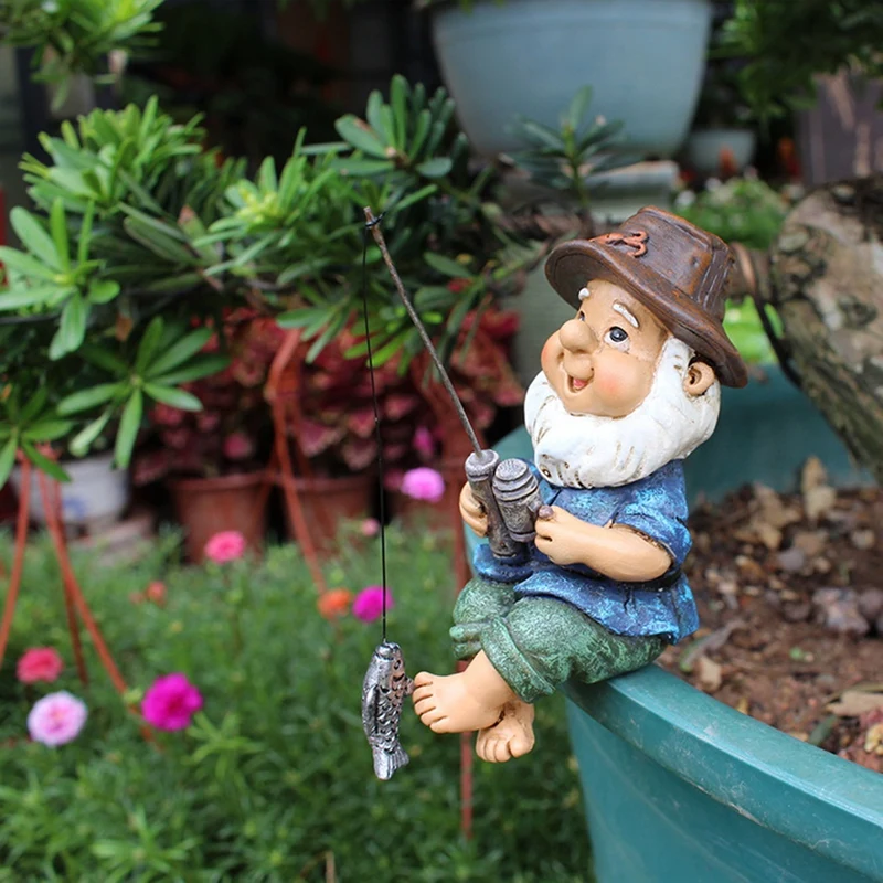 Garden Gnome Statue Resin Fishing Dwarf Elf Statue Outdoor Pastoral Landscape Ornaments For Garden Yard Lawn Decor