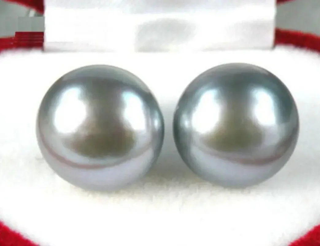 huge very Beautiful 13-14mm gray South Sea natural Pearl Earring 14Kp