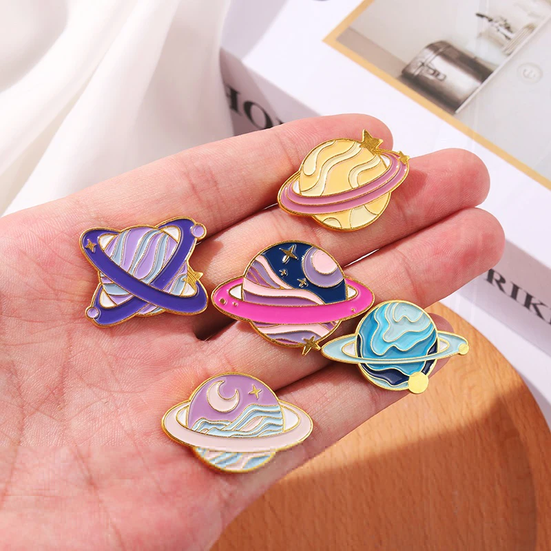 Space Planet Metal Cartoon Badge Bag Hat Lapel Women Jewelry Kid Astronaut Gifts Star Sky Galaxy Collection Enamel Brooch