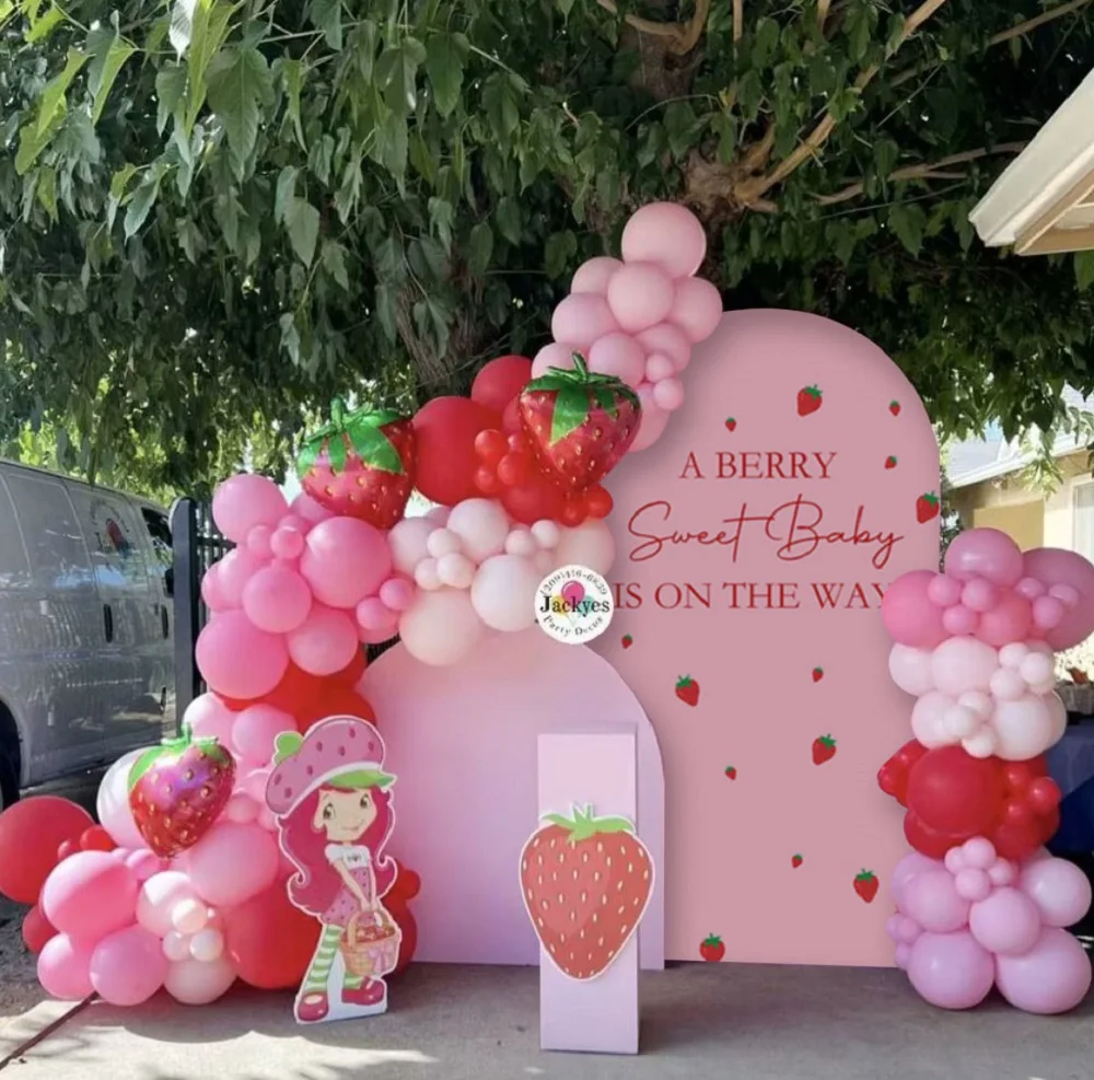 A Berry Sweet Baby is ON The Way Pink Strawberry Theme Stretchy Arched Backdrop Cover Birthday Decorations (No Stand!)