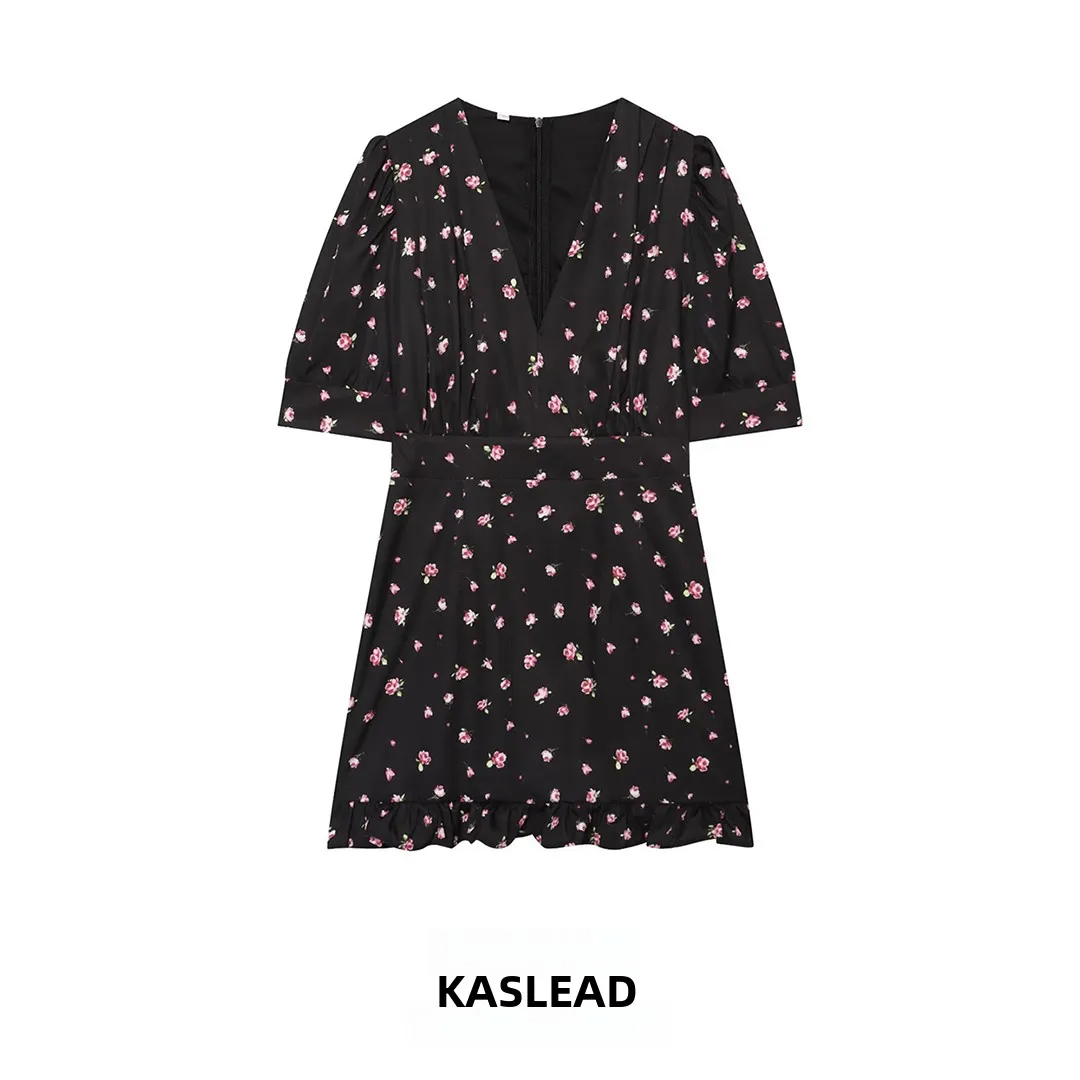KASLEAD New Fashionable Simple Slimming V-neck Print Short Dress Street Style Fairy Skirt Ladies' Short Sleeve Polyester Fiber