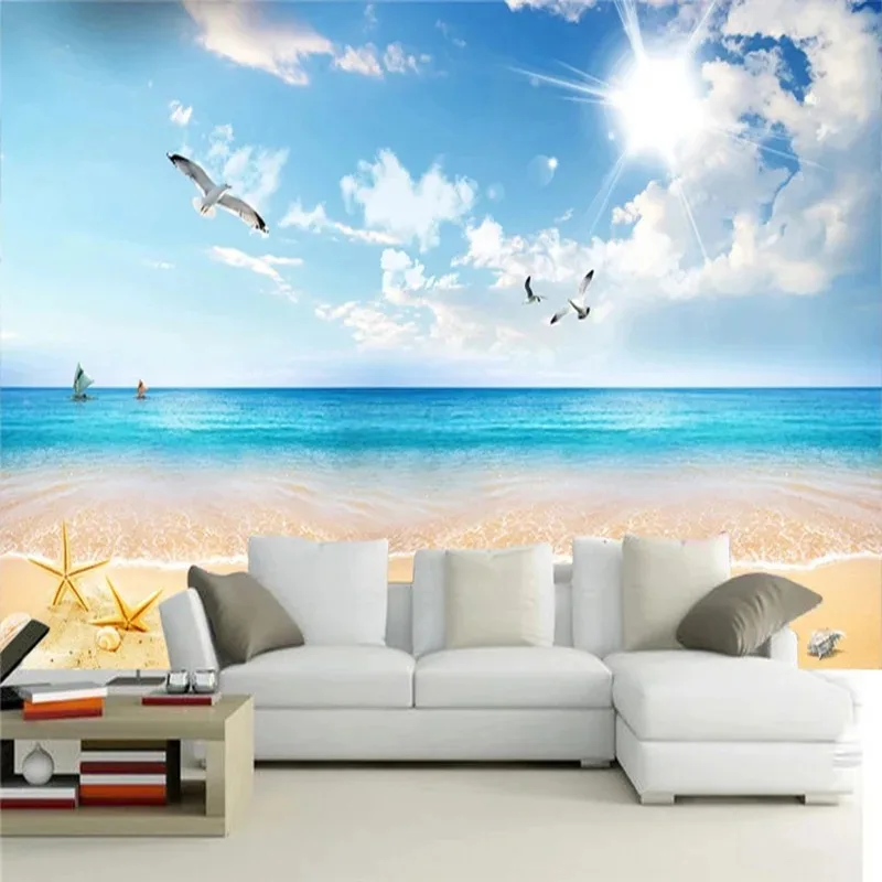 写真壁紙-3d-青空と白い雲ビーチ海景壁画リビングルーム寝室背景壁装飾パペルデパレデ