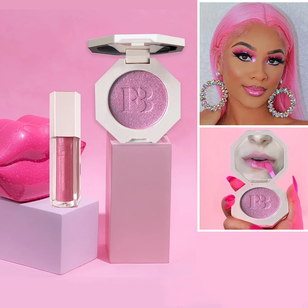 Fashion 3D Baby Pink Blush Highlighter with Lip gloss Makeup Set Face Blush Glitter Powder Moisturizing Plumper Lipgloss