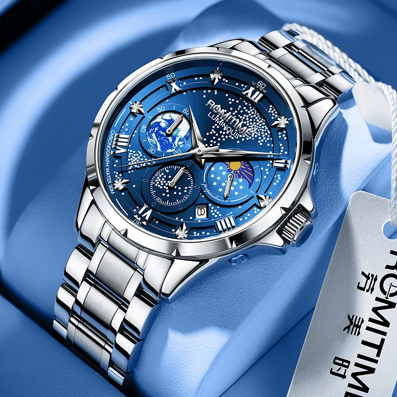 

ROMITIME часы для мужчин, роскошные кварцевые часы с хронографом и фазой Луны, водонепроницаемые светящиеся наручные часы для бизнеса и отдыха, подарки