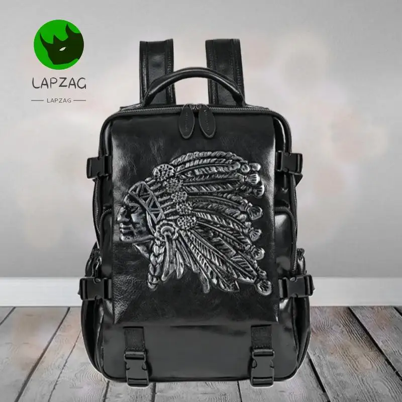 Mochilas vintage de couro genuíno para homens, grande capacidade, mochila de couro em relevo, bolsas de viagem para meninos pretas ou marrons enormes