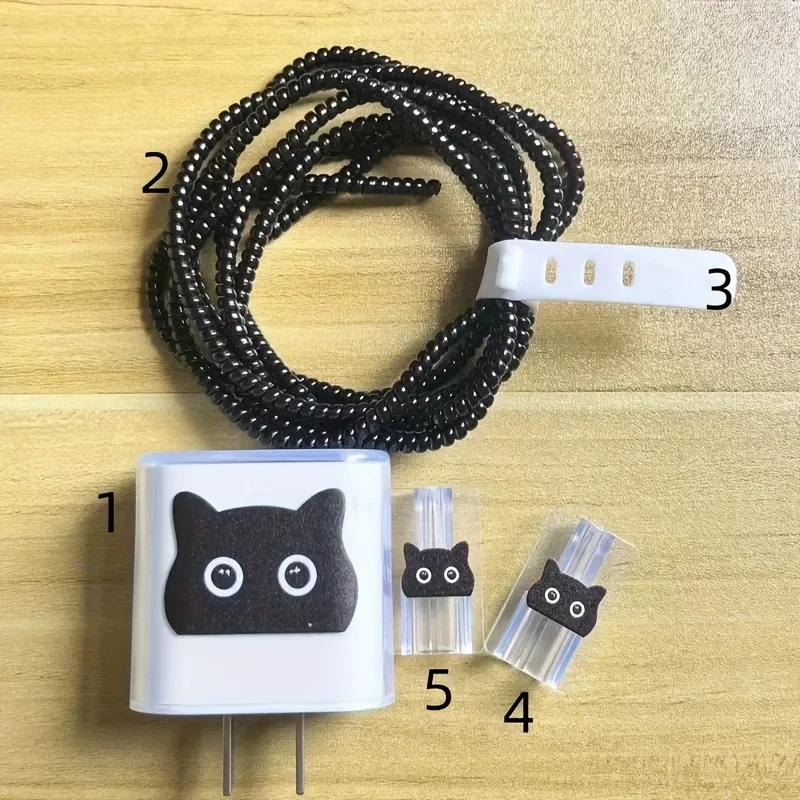 5-Piece Set Black Cat Charging Data Cable Protector Winder Accessories For iPhone 18/20w Charger Protective Cover