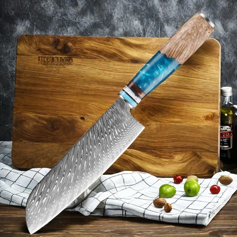 Cuchillo Santoku Damasco Japón VG10 resina azul Premium y mango de madera de colores herramientas de cocina cuchillo de Chef de espina de pescado