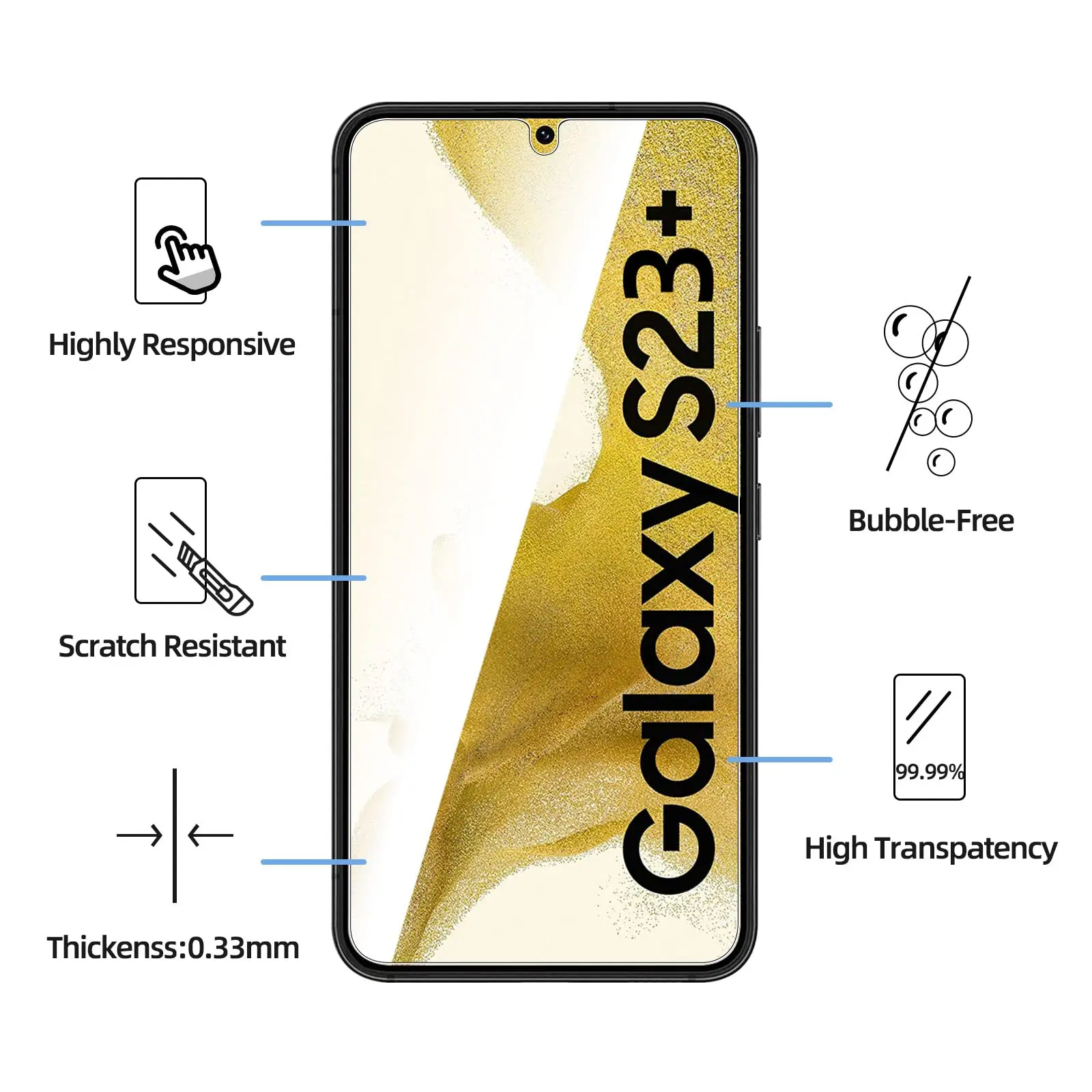 Screen Protector For Galaxy S23 Plus Samsung 6.6 inch Tempered Glass HD Crystal 9H High Aluminum Anti Scratch Fingerprint Unlock