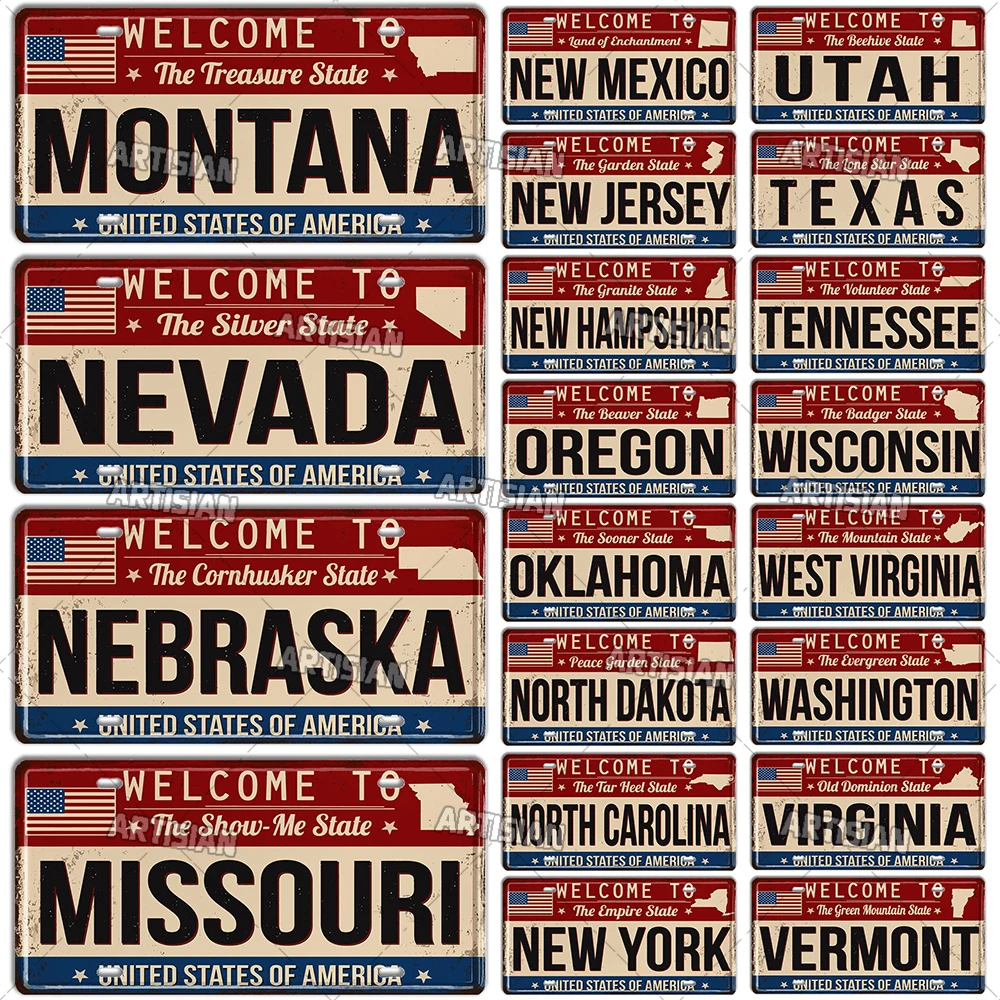 Artisian USA US License Plate Welcome to Tin Plaque Landmark Metal Sign City State Wall Decor Garage Bar Pub Club Hotel Cafe