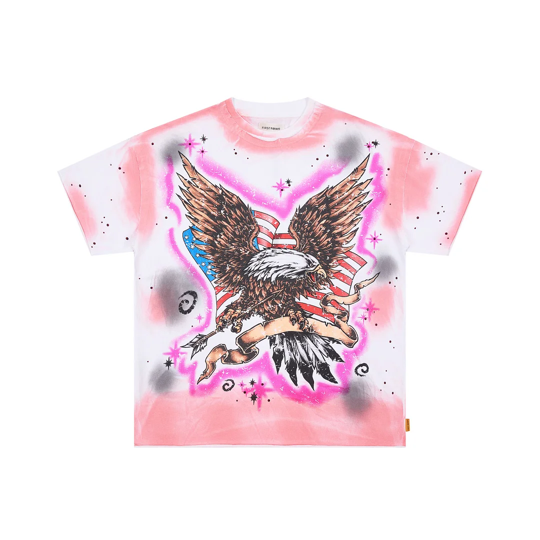 Unisex Gradient Pink Splatter Washed T Shirt FIRST ROW Graphic Print Tees Y2K Retro Streetwear Oversized Loose Casual Tops Tees