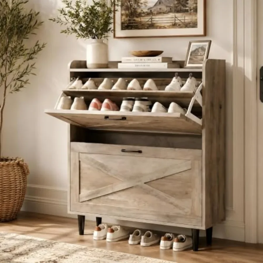 Entryway shoe storage cabinet with 2 flip drawers, ultra slim freestanding organizer, washed gray wood tapered legs, hidden clo