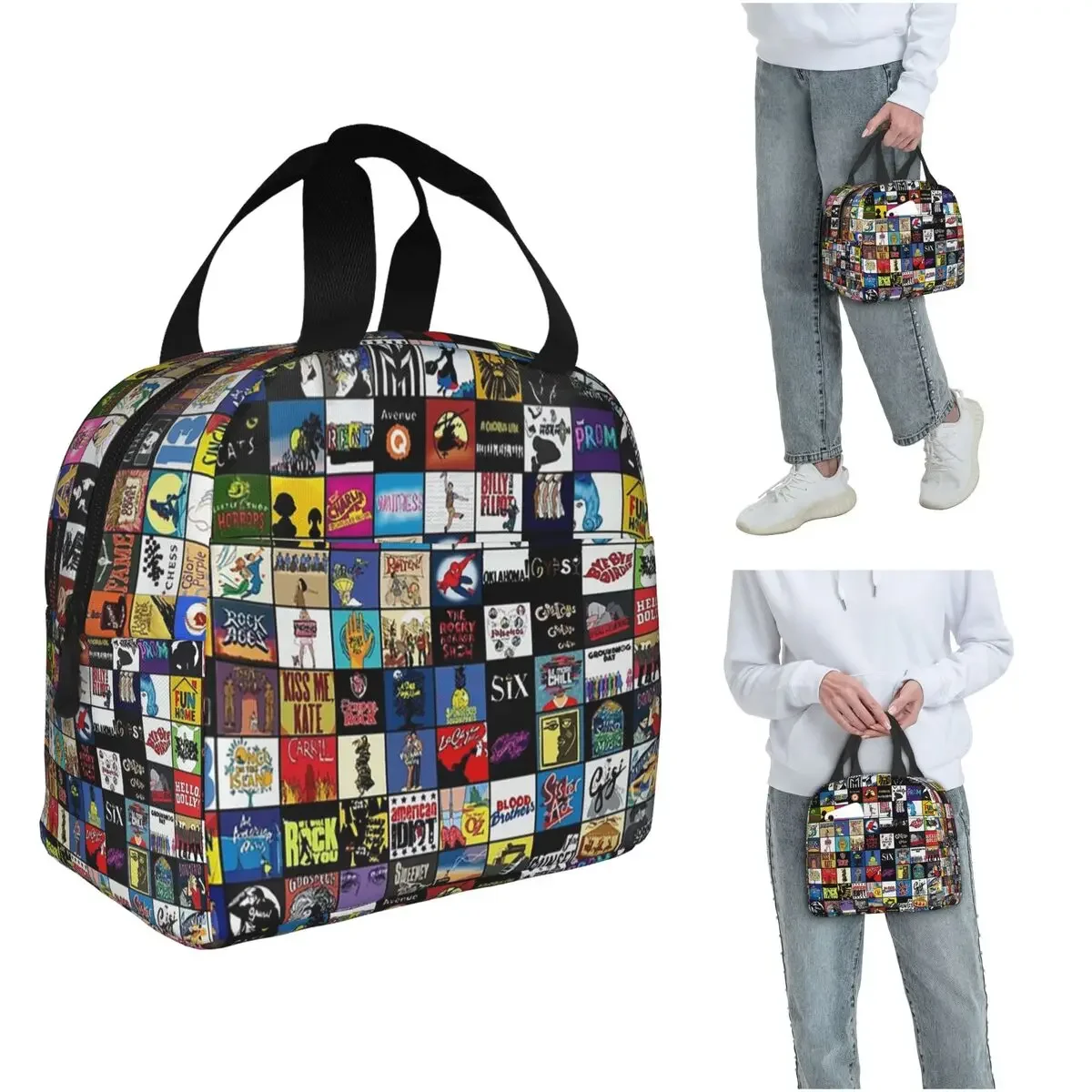 Broadway Musical Theatre Logos – handgezeichnete 1 isolierte Lunchtasche für Damen und Kinder, tragbare Lebensmittelboxen, Thermo-Lunchbox-Tragetasche