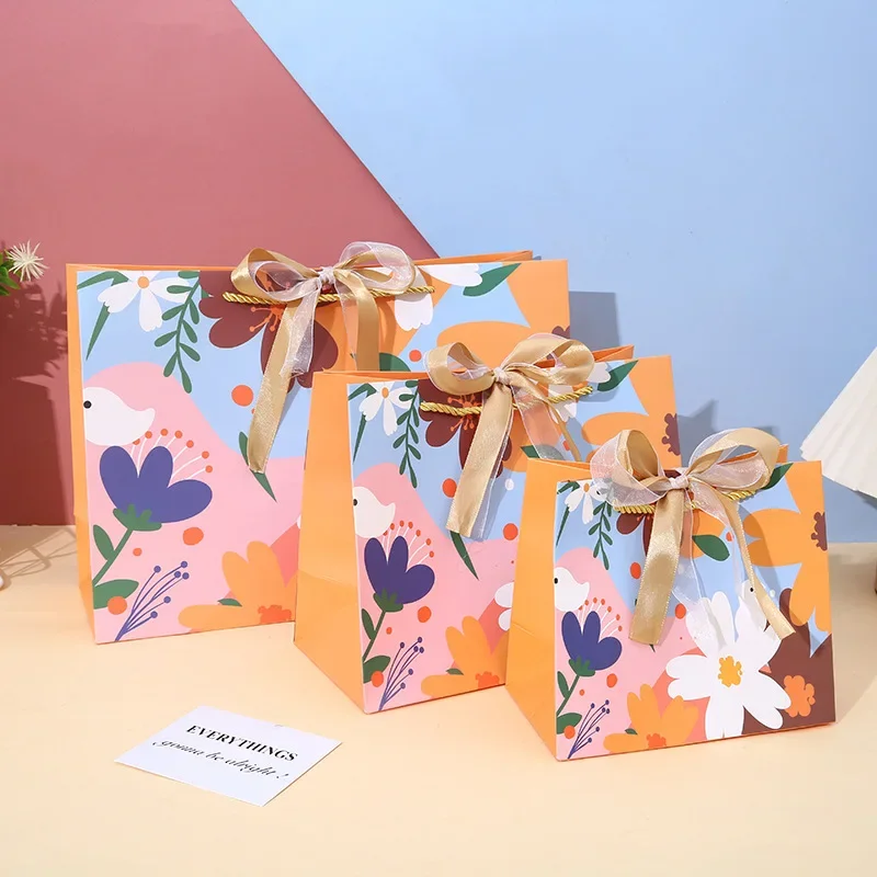 10PCS Ins Forest Festival Bow Ribbon Handheld Paper Bag With Ribbon Holiday Gift Giving Gift Bags Clothing Tote Bags Clothin