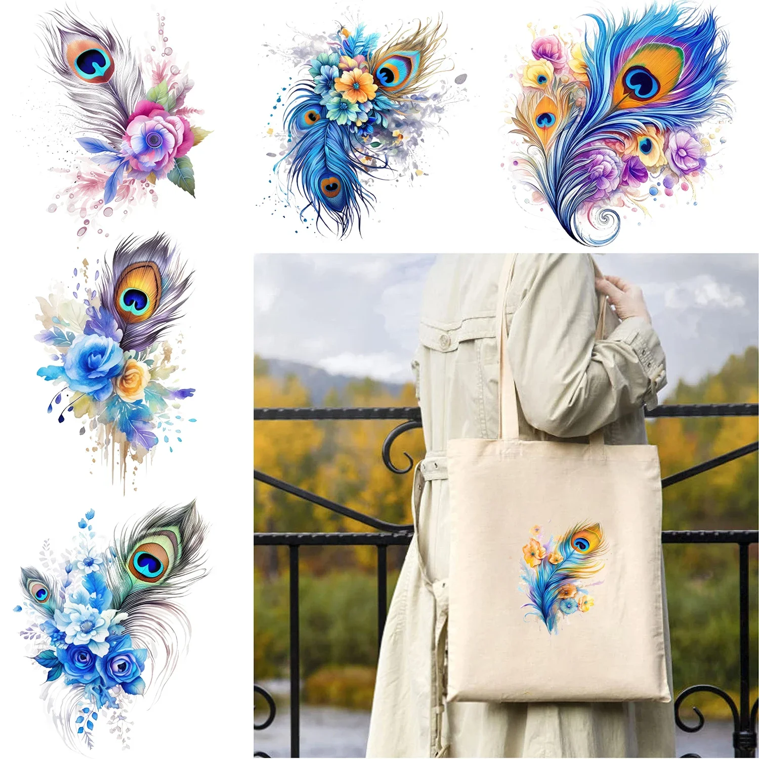 6-Pcs watercolor feather Themed Iron-On Transfer Stickers,Vinyl Transfer Patches for DIY Garments Backpack Heat Transfer Film