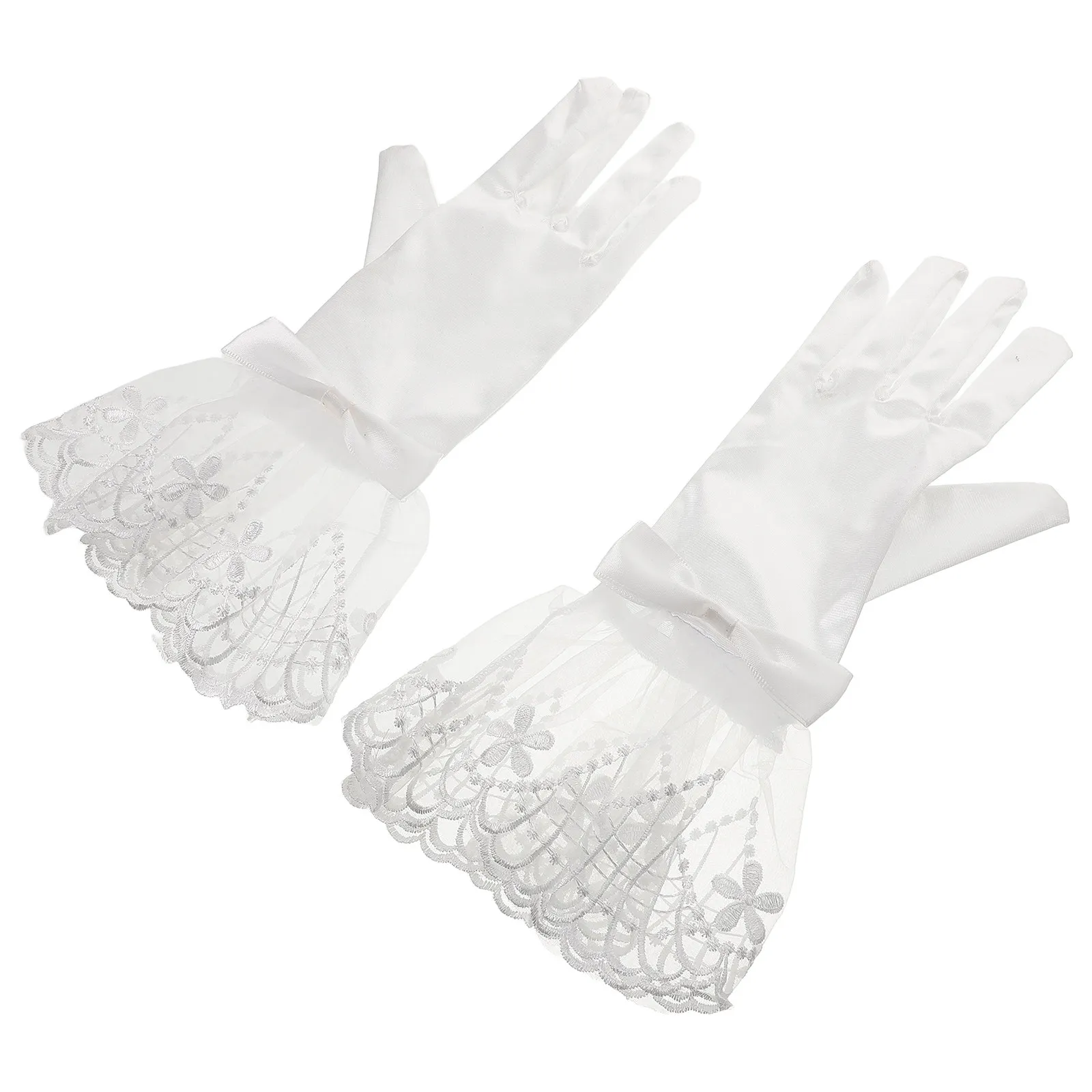 

Белые атласные кружевные свадебные перчатки: элегантные аксессуары для чаепитий, выпускных вечеров, торжественных мероприятий, перчатки с бантом, белые костюмные перчатки