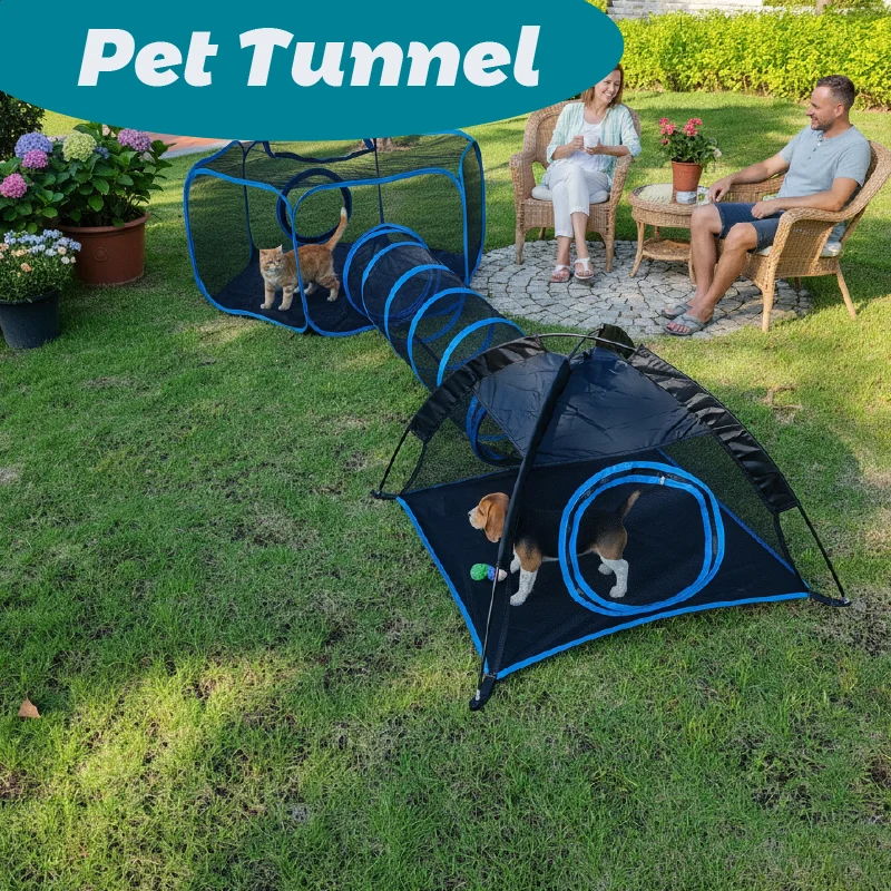 3-in-1 Tragbarer Netz-Tierkäfig Spielhaus Mehrfach-Tierkäfig mit Tunnel für Drinnen und Draußen Einfacher Aufbau für Katzen und Kleintiere – Detail 10