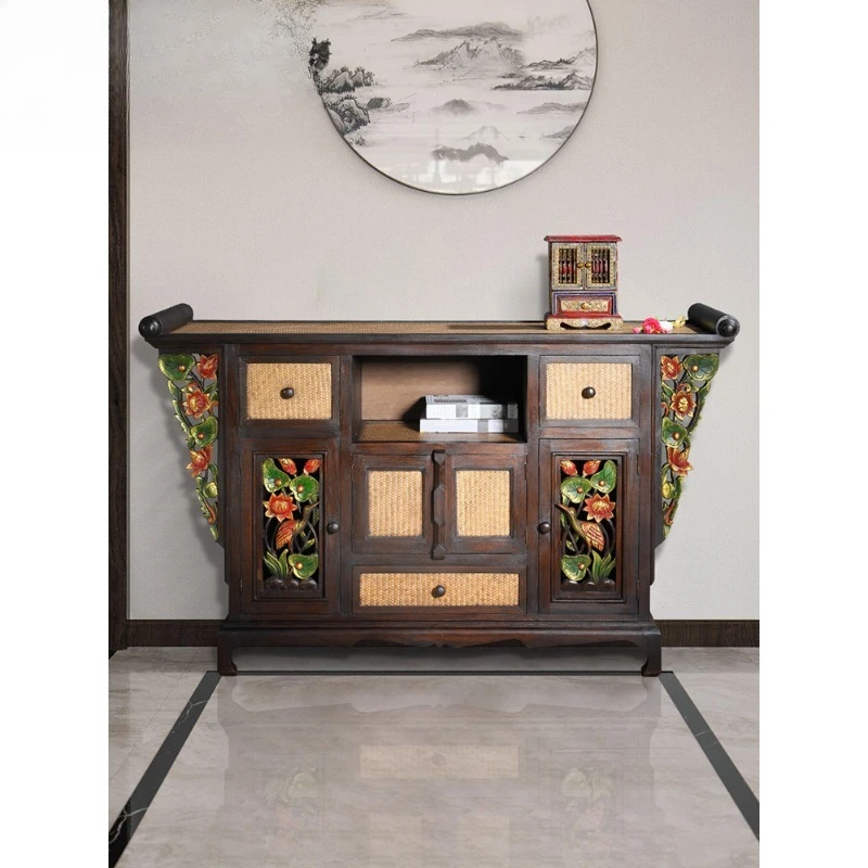 

Style furniture, solid wood carved living room entrance cabinet, Thai rattan storage, storage and decoration cabinet