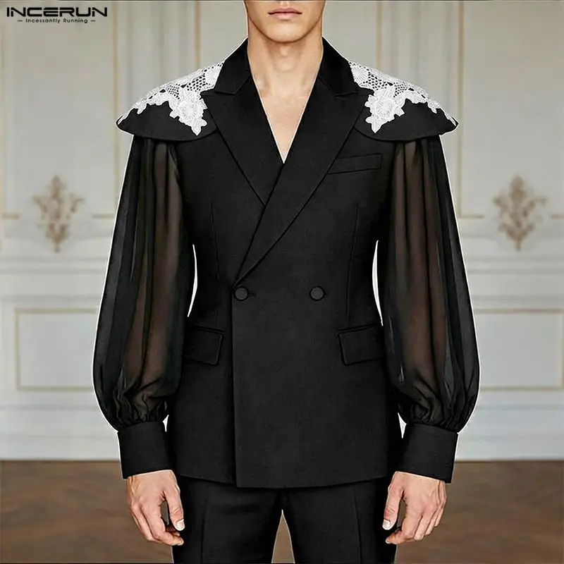 INCERUN Men's Blazer Mesh Lace Patchwork See Through Male Suit Streetwear Elegant 2026 Long Sleeve Fashion Casual Blazer For Man