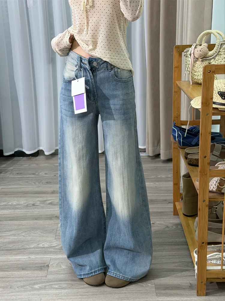 

plus Size American Retro Wide Leg Jeans Women's Washed Casual Commuter Straight Long Pants Versatile High Waist Denim Skinnies