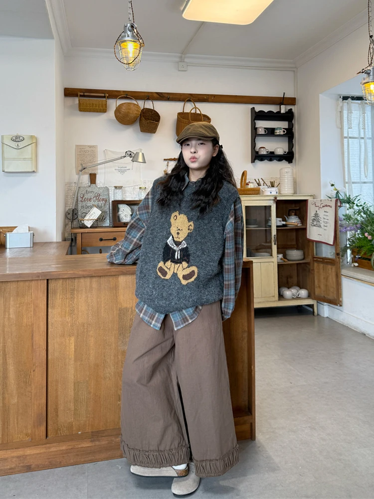 

Retro Bear Knitted Vest Plaid Long Sve irt Wide Leg Casual Pants Women's Faion Set Autumn Winter Seasonal Wear