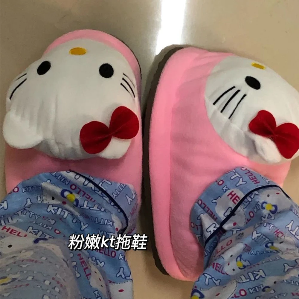 Sanrioed y2k hello kitty cabeça grande chinelos de pelúcia inverno dos desenhos animados sapatos de algodão sapatos de pelúcia estudante dormitório saco pés sapatos de algodão