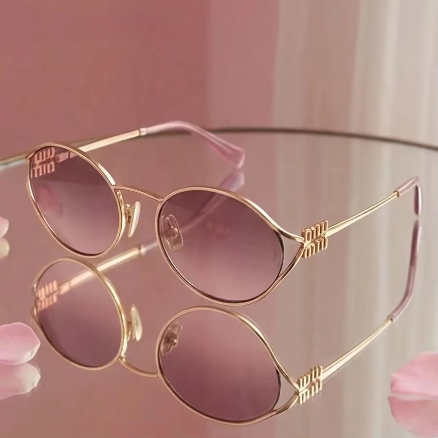 Miu Miu MU52YS5AK06S Retro Oval Cat Eye Sunglasses For Women Classic Black Frame Embossed Golden Logo Luxury Designer Style
