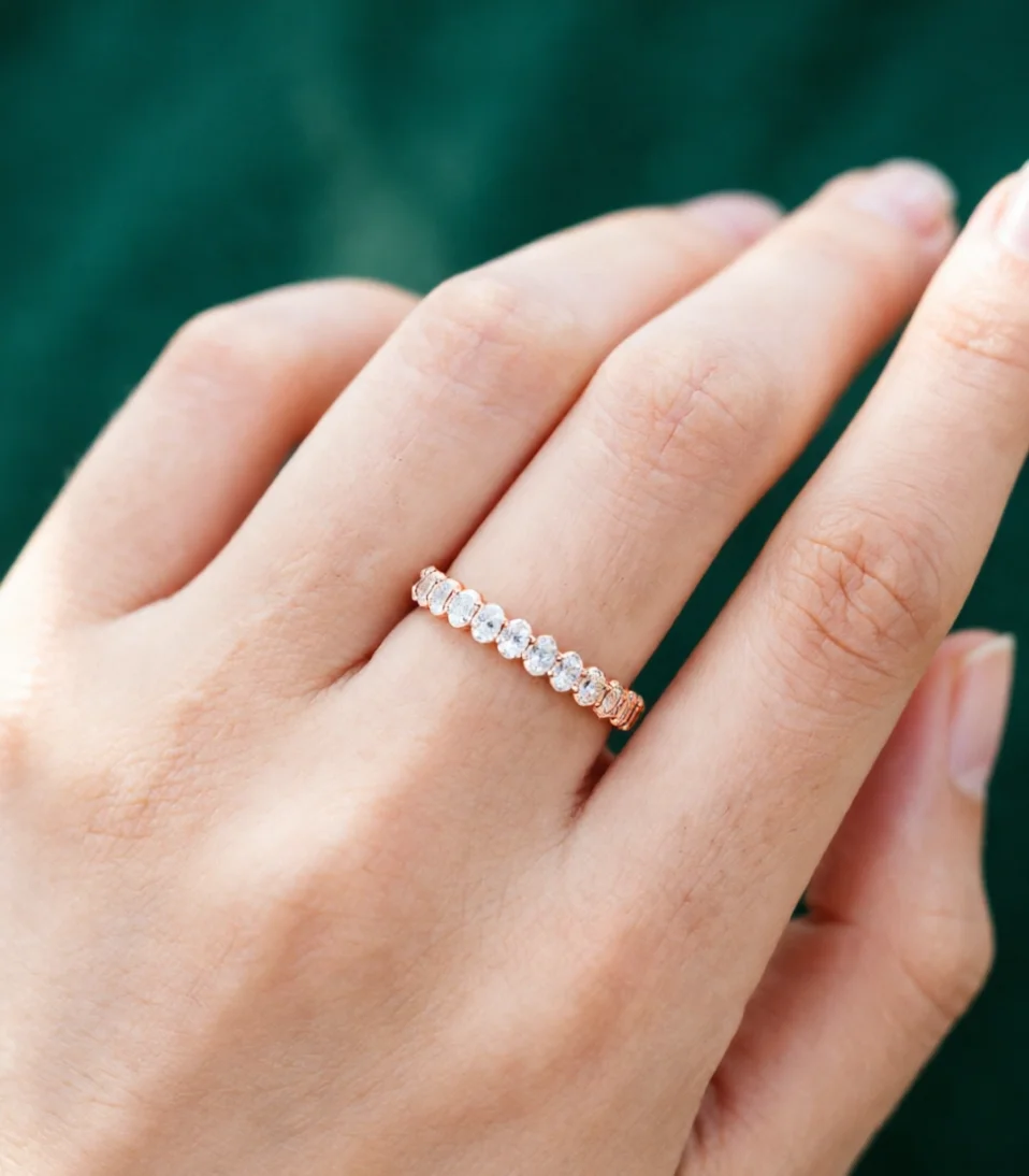 

CxsJeremy 14K 585 Rose Gold Moissanite Diamond Ring Oval Cut 2*3mm Moissanite Stack Half Eternity Wedding Band for Women Gift