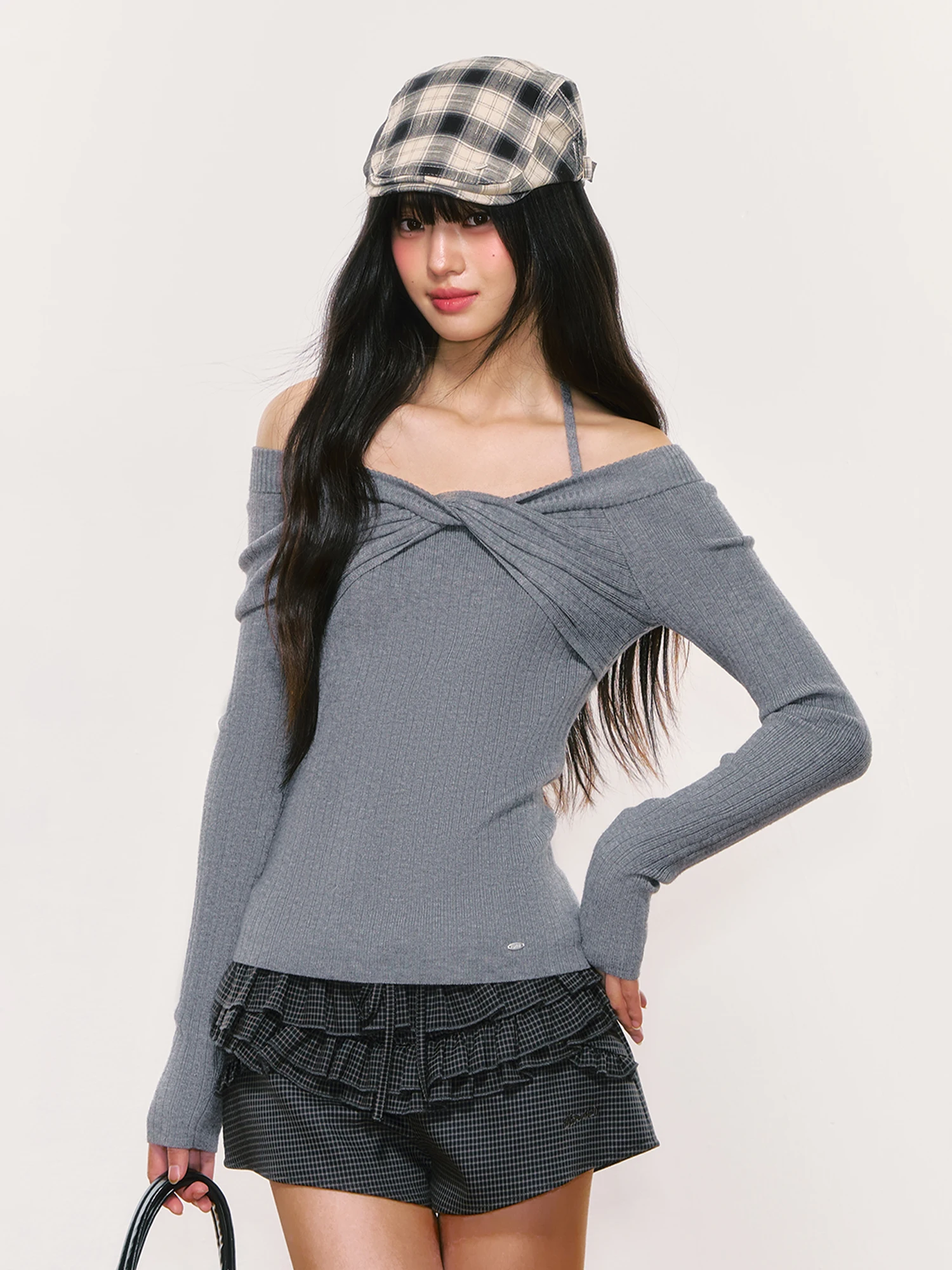 

Вязаный топ Wedhub с перекрученным плечом и длинным рукавом для женщин, осень 2025, новая модная облегающая футболка для девушек