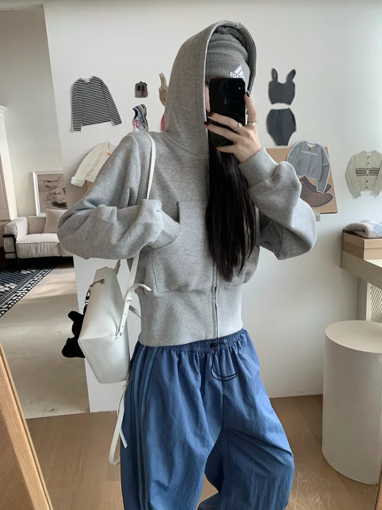 

ADAgirl Grey Cropped Hoodies Zip Up Long Sleeve Sweatshirt Cardigan Oversized Autumn Fashion Wide Leg Track Pants Two Piece Sets