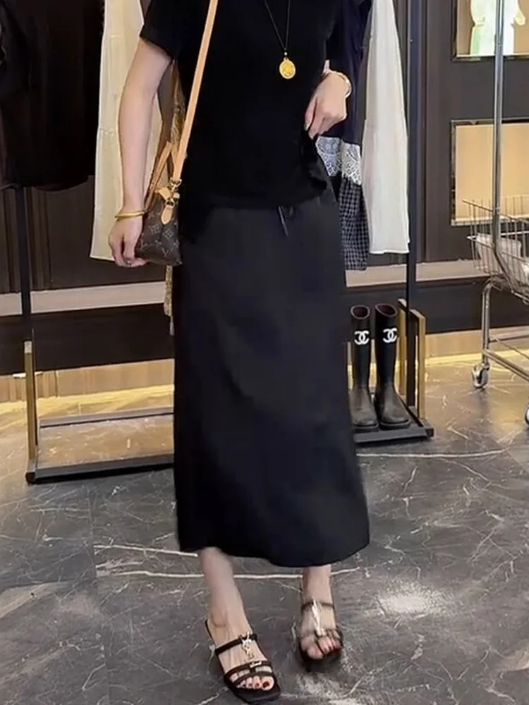 plus Size Women's Satin A-Line Midi Skirt Summer Slimming High Waist Split Straight Cut Casual  Shape Pear Shape Waistline view 3