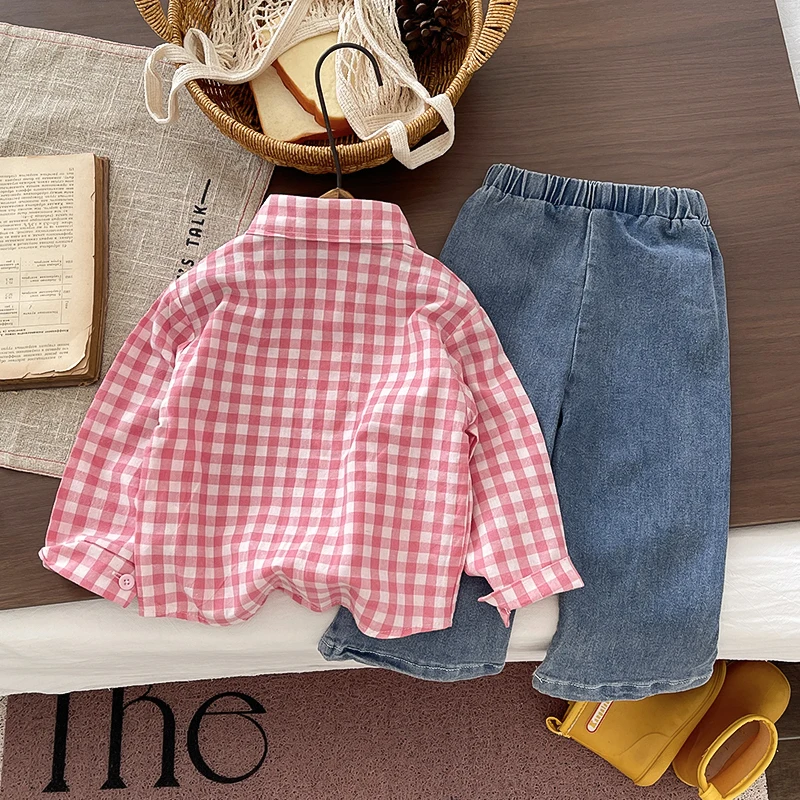 Baby Toddler Girl 2Pcs Casual Outfit Pink Plaid Long Sleeve Shirt Cartoon Print Denim Jeans Pants Spring Autumn Kids Clothing