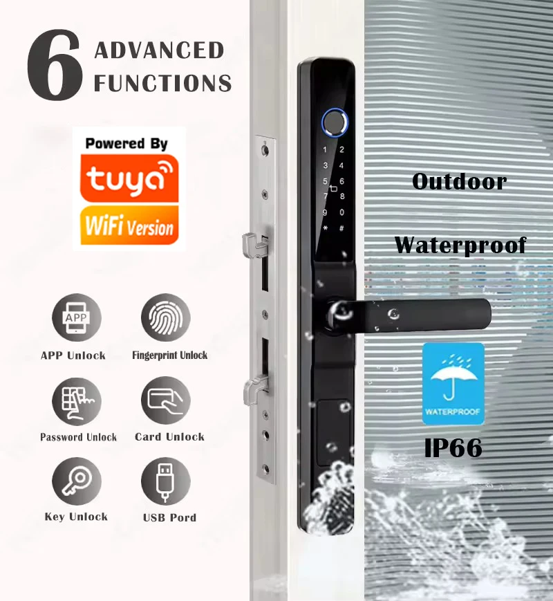 TUYA WIFI Waterproof Smart Door Lock Fingerprint APP Password RFID Card Keyless Digital Electronic Lock Aluminum/Glass Sliding