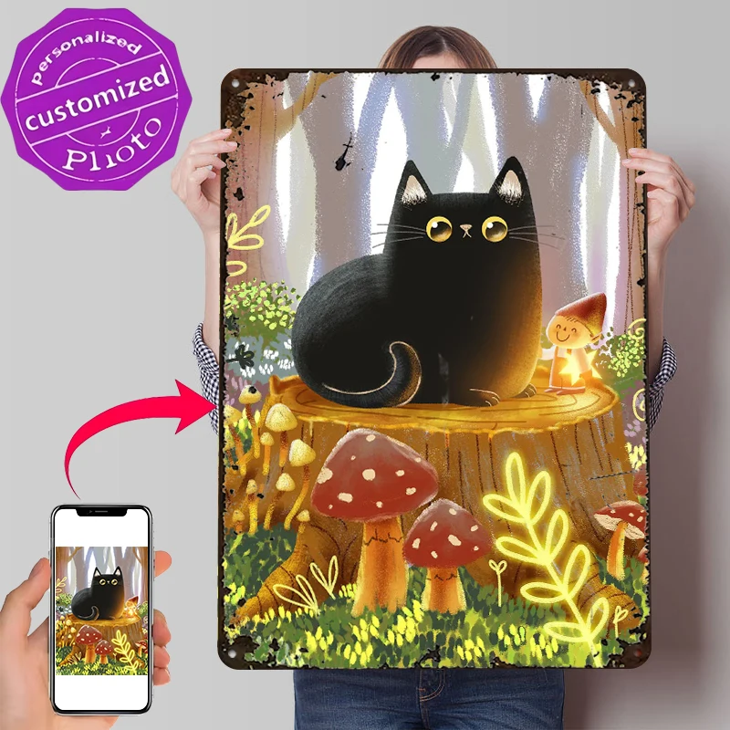 Black Cat and the Elf Lightly 3D Poster Customized Vintage Metal Signs Wall Art Retro Tin Plaque for Home Decoration Gaming Room