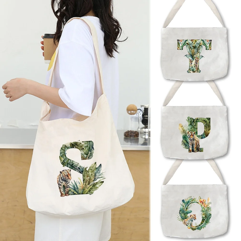 Women's Tote Bag Handbags Canvas for Commuting White Canvas Bag Female Shoulder Bag Jungle Tiger Printing Series Organizer Pack