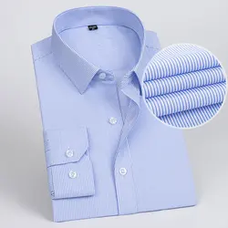 Men Formal Shirt Long Sleeve Office Solid Color Striped Anti-Wrinkle Fashion Business Pocket White Social Pocket Shirt 6XL 7XL