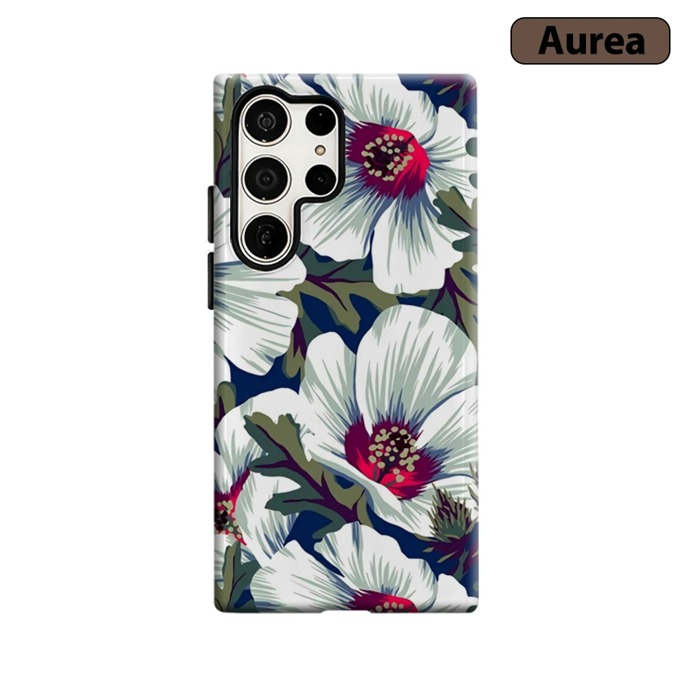 Navy White Hibiscus Phone Case for Samsung Galaxy S25 Ultra S24 S23 Ultra Plus Shockproof Double Layer Tough Back Cover