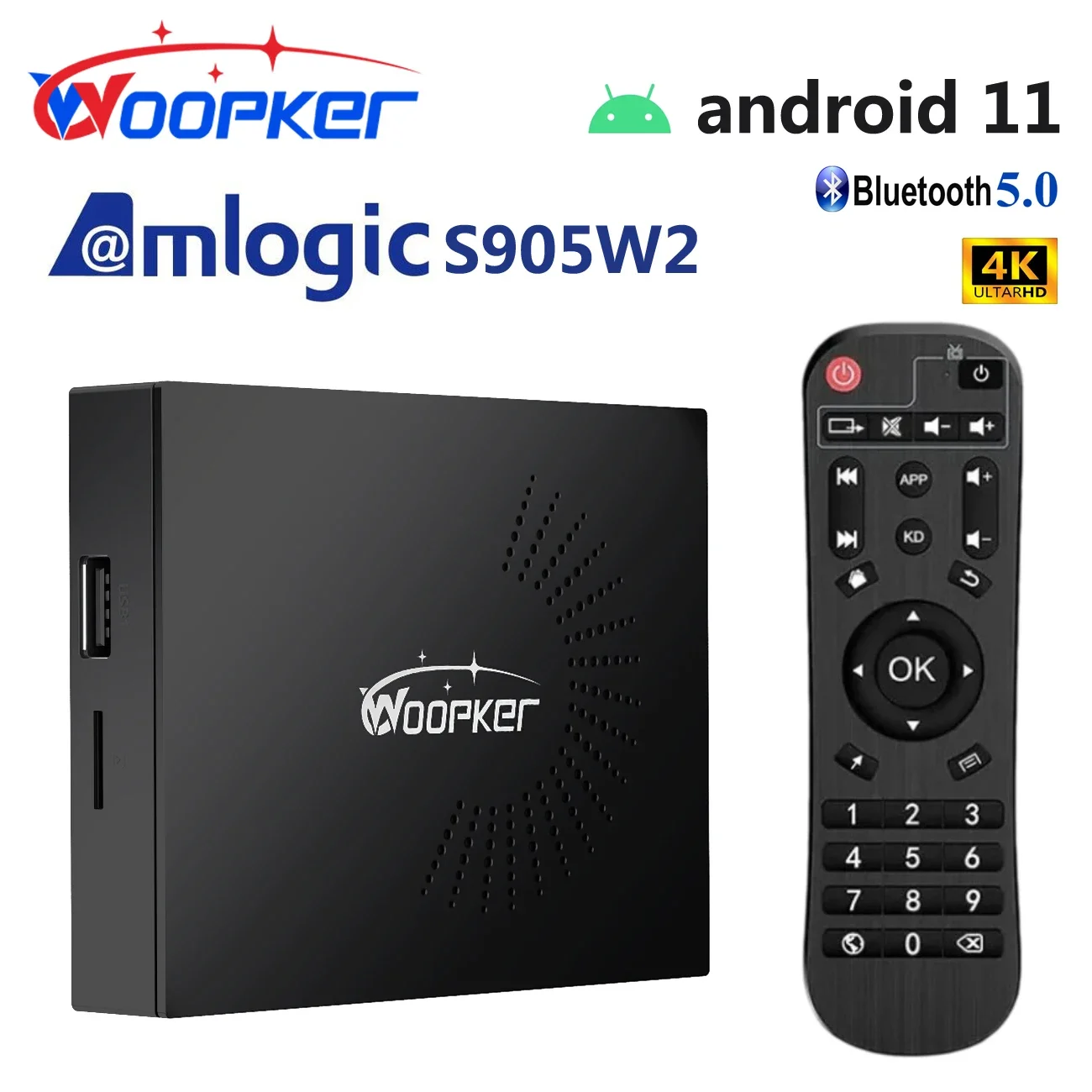 Woopker 스마트 TV 박스, ATV 안드로이드 14, Amlogic S905W2, 4K AV1 블루투스 5.0 및 2.4 지원, 2G16G, 4G32G, 64G, DC 5V2A, USB 2.0