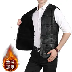 Leather biker Vest Men's Suit Leather Waistcoat Winter Sheepskin vests Genuine Leather Patchwork Tops Plus Size men clothing