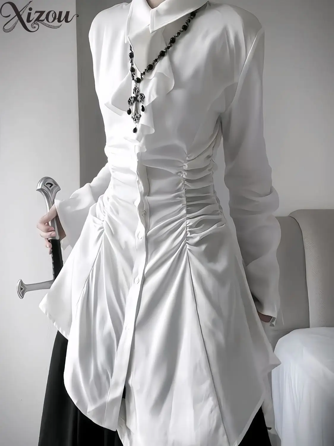 Women Irregular Ruched Waist Long Sleeve Shirt Black White Layer Skirt Pants Two Piece Dark Gothic Designer Outfit Set 2026 view 5