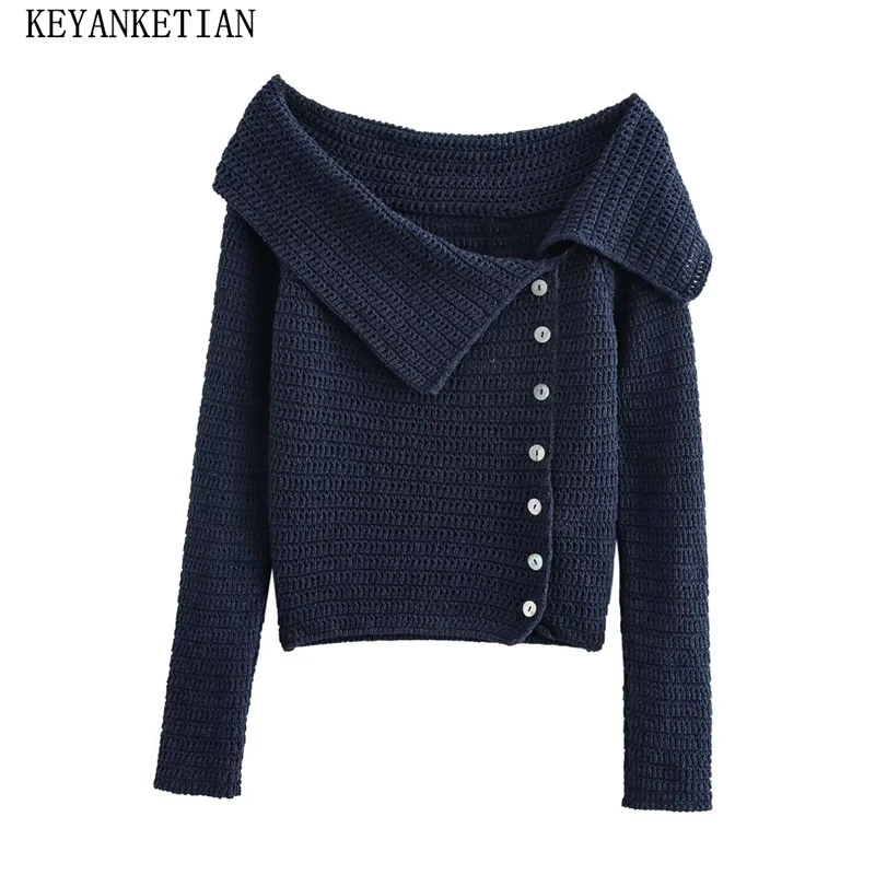 KEYANKETIAN 2024 New Women's Sloping Neck Off-Shoulder Sweater Autumn Sexy Navy blue Asymmetrical Buttons Chic Crop Knitted Top